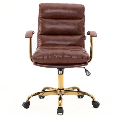 Walnut Brown Leather Executive Swivel Office Chair with Gold Base