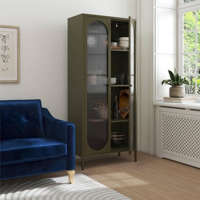 Olive Green Tall Metal Cabinet with Fluted Glass Doors