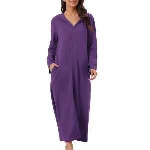 cheibear Women's Zip Up Sweatshirt Robe Hooded Long House Coat Bathrobe Fall Winter - 1 of 4
