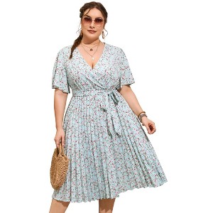Plus Size Women's Pleated Midi Dress with Belt Flowy Casual Elegant Knee Length Dress for Work Summer - 1 of 4