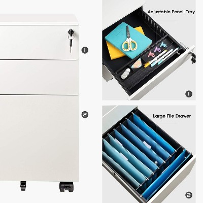 White Steel 3-Drawer Lockable Mobile File Cabinet
