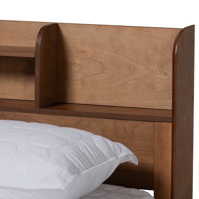 Walnut Brown Wood Full Platform Bed with Shelves and USB Ports