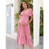 Coolmee Women Maternity Dress Deep V-neck Ruffled Short Sleeve Smocked Ruffle Tiered Flowing Pleated Midi Dress Photoshoot Baby Shower - 2 of 4