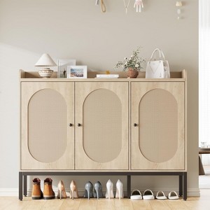 Shoe Cabinet Storage for Entryway with 3 Rattan Doors, Wooden Shoe Rack Cabinet with Adjustable Shelves, 7-Tier Shoe Storage Cabinet - 1 of 4