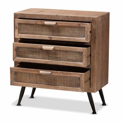 Mid-Century Natural Brown Wood and Rattan 3-Drawer Cabinet