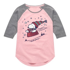 Girls' - Peanuts - Snoopy Sledding Shirt Tail Raglan Graphic T-shirt - 1 of 4