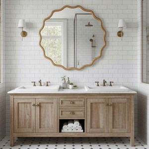 PexFix 30" Wavy Round Solid Wood Frame Decorative Mirror Modern Farmhouse Wall Mirror For Bedroom Bathroom Living Room Entryway Natural Wood - 1 of 4