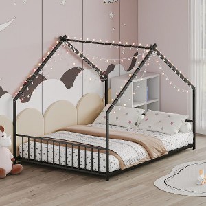 CAVINAS Kids Twin Size Canopy House Platform Bed Frame with Roof & LED Lights, Sturdy Iron & Particleboard Floor Bed, Toddler Bed with Backrest - 1 of 4