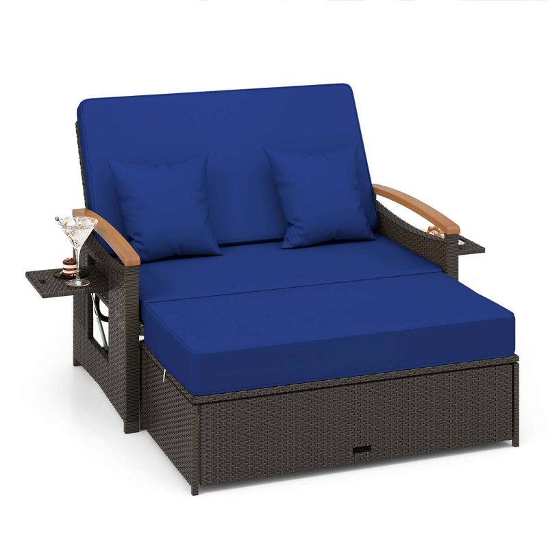 Costway Patio Rattan Daybed Set with Cushioned Loveseat & Storage Ottoman for Porch Beige/Navy/Red, 3 of 11