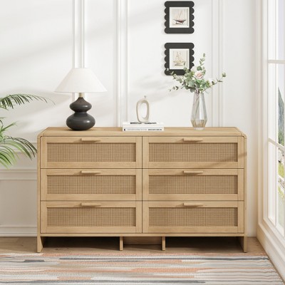 SKRAN 51.18'' 6-Drawers, Boho Farmhouse Closet Organizer, Wooden Rattan Dresser with Metal Handles for Bedroom, Living Room
