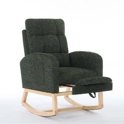 Vynxaria Series Green Polyester Rocking Chair Set of 1 with Adjustable Footrest High Backrest Side Pocket Solid Wood Legs Gentle Glide 300LB Support