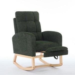 Vynxaria Series Green Polyester Rocking Chair Set of 1 with Adjustable Footrest High Backrest Side Pocket Solid Wood Legs Gentle Glide 300LB Support - 1 of 4