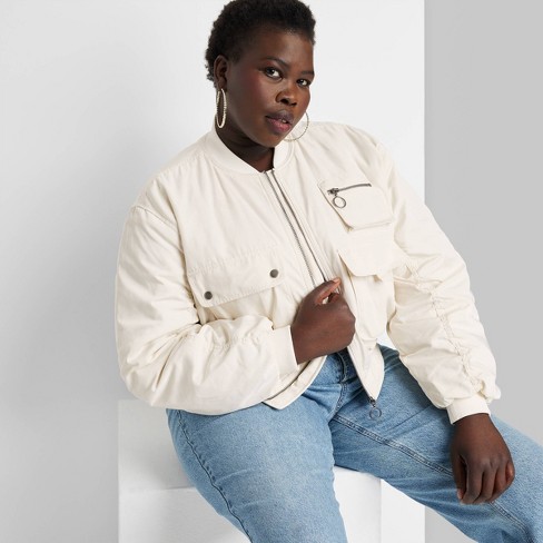 Women's Cargo Utility Cropped Bomber Jacket - Wild Fable™ Off-white 1x :  Target