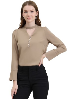 Allegra K Women's Keyhole Stand Collar Long Sleeve Button Front Work Blouses