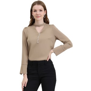 Allegra K Women's Keyhole Stand Collar Long Sleeve Button Front Work Blouses - 1 of 4