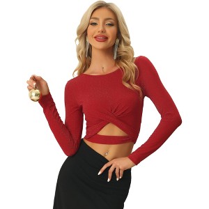 Allegra K Women's Glitter Long Sleeve Cut Out Twist Front Slim Fitted Crop Top - 1 of 4