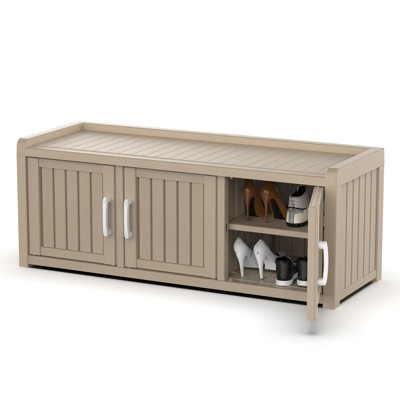 CAVINAS 46.9"L Rectangular Polypropylene Ottoman Shoe Bench with Storage,2-Tier Entryway Bench with 3 Barn Doors for Living Room,Bedroom,Brown