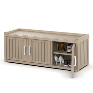 CAVINAS 46.9"L Rectangular Polypropylene Ottoman Shoe Bench with Storage,2-Tier Entryway Bench with 3 Barn Doors for Living Room,Bedroom,Brown - 1 of 4