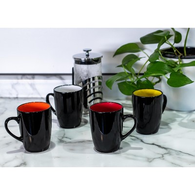 Color Pop Black Ceramic Mugs with Warm Interiors, Set of 4