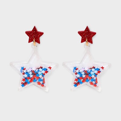 Americana Glitter Star Drop Earrings - Red/White/Blue