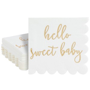 Juvale 50 Pack White Scalloped Baby Shower Napkins for Girls and Boys, Gold Foil Hello Sweet Baby Decorations, 5 x 5 In - 1 of 4