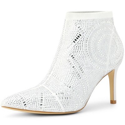 BLISSFUL STEP Pointed Toe Rhinestone Stiletto Heel Ankle Booties