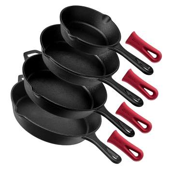 Cuisinel Cast Iron Skillet Set - 4-Piece Chef Pan - 6" + 8" + 10" + 12"-Inch + 4 Heat-Resistant Handle Holder Grips