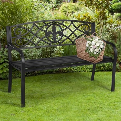 Costway Patio Garden Bench Park Yard Outdoor Furniture Steel Slats Porch Chair Seat