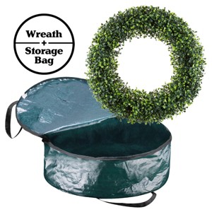 Front Door Wreath and Storage Bag – 19.5-Inch Artificial Boxwood Wreath and Zippered Tote with Handles – Farmhouse Greenery Décor by Pure Garden - 1 of 4