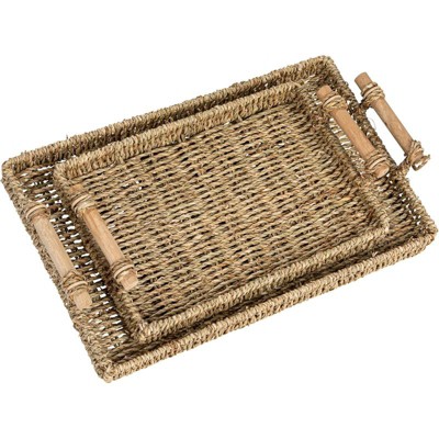 BRINJOY 2-Pack Handwoven Seagrass Rectangular Trays with Wooden Handles - Natural, Nesting Design for Kitchen Bathroom Bedroom Living Room Decor