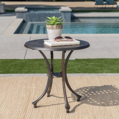 Okak 19" Outdoor Side Table Round Cast Aluminum Patio Accent Indoor End Plant Metal Coffee Tea Table for Yard Garden Living Room Bedroom, Bronze