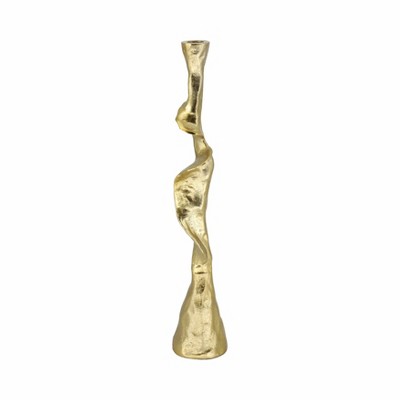Modern Aluminum and Suar Wood Taper Holder with Abstract Sculptural Form and Mixed Metal Design for Contemporary Decorative Accents