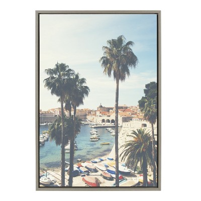 Kate and Laurel Sylvie The Palm Trees and The Boat Framed Canvas by Laura  Evans, 23x33, Gray