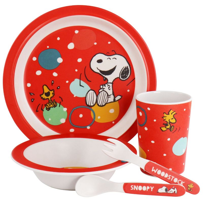 Peanuts Fun Times 5 Piece Kid's Bamboo Melamine Dinnerware Set in Red, 1 of 9