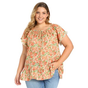 Women's Plus Size Gathered Floral Print Ruffle Sleeve Tie Neck Casual Summer Vacation Blouses - GRACE & GRANDEUR - 1 of 4