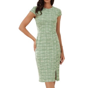 Allegra K Women's Tweed Pencil Crew Neck Cap Sleeve Vintage Bodycon Midi Dress - 1 of 4