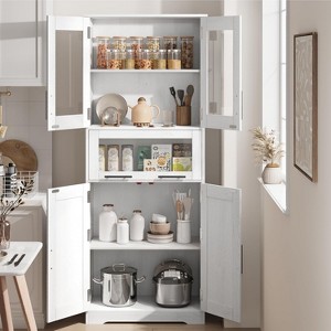 Tall Pantry Cabinet with Glass Doors and Adjustable Shelf, Freestanding Bathroom or Kitchen Storage Cupboard, Linen Cabinet for Living Room, White - 1 of 4