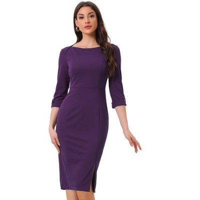 INSPIRE CHIC Women's Elegant Boat Neck 3/4 Sleeves Work Midi Split Sheath Dress