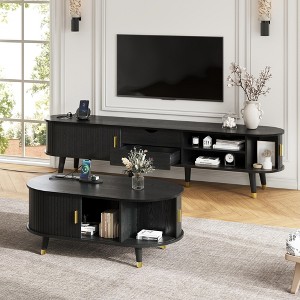 ModernLuxe TV Stand&Coffee Table Set with Charging Station, Oval Media Console with Sliding Door for TVs up to 80", Mid-Century Farmhouse Center Table - 1 of 4