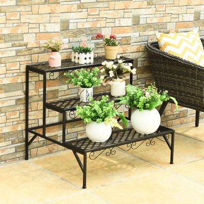 Black Steel 3-Tier Ladder Plant Stand with Decorative Patterns