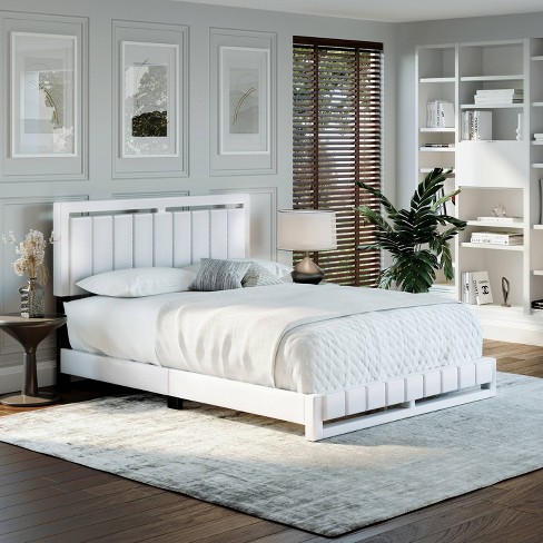 White Faux Leather King Size Platform Bed and Matching Footboard With  Mirrors 