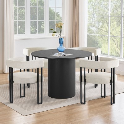 41.5" Dining Set for 4,Pedestal Round Dining Table with 4 Upholstered Chenille Dining Chair with Arm for Dining Room,Farmhouse-Tanpinhause