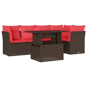 vidaXL 6 Piece Garden Sofa Set with Cushions Black Poly Rattan - Brown without storage - 1 of 4