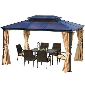 Aoodor 13 x 10 ft. Outdoor Aluminum Frame 2-Tier Polycarbonate Roof Gazebo, with Mosquito Netting and Curtains - Black