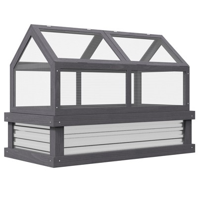 Outsunny Raised Garden Bed with Polycarbonate Greenhouse, Garden Wooden Cold Frame Greenhouse Flower Planter Protection, 48"x24"x32"