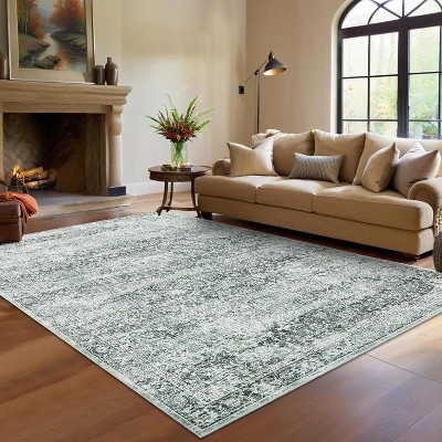 Boho Area Rug, Machine Washable Vintage Distressed Soft Low-Pile Carpet, Non-Slip Non-Shedding Floor Rug for Bedroom, Dining, Living Room