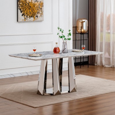 Modern 70'' Faux Marble Dining Table with Silver Stainless Steel Base, Large Rectangular High Gloss Table for Kitchen or Dining Room – The Pop Home