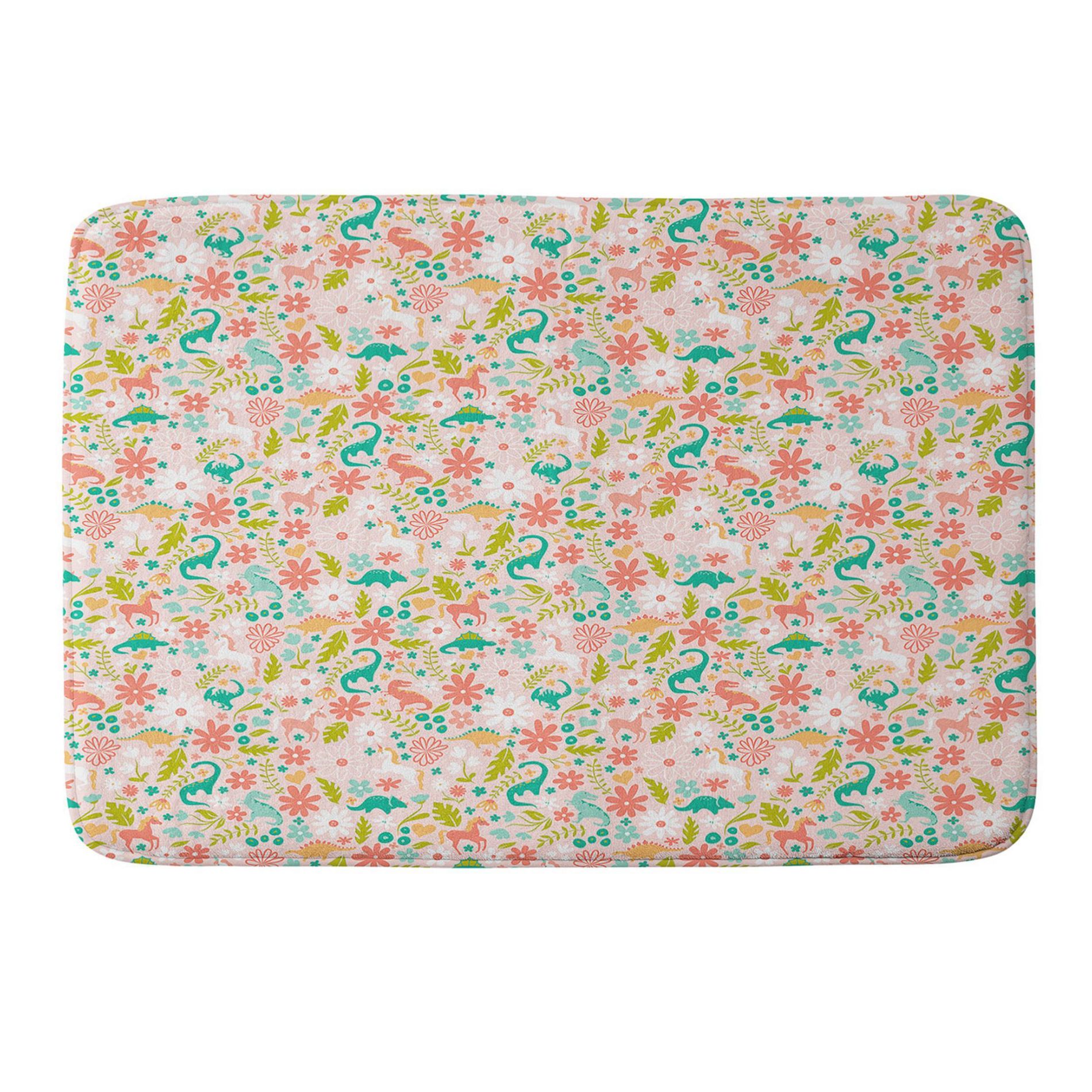 Deny Designs Lathe and Quill Dinosaurs Unicorns in Pink Teal Memory Foam Machine Washable Kids' Bath Mat