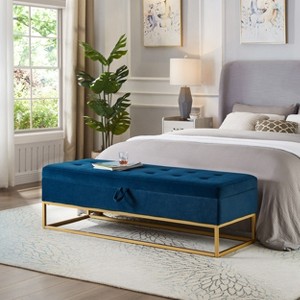 Gulches 59inch Bed Bench with Metal Base Storage Blue Velvet for Bedroom Living Room Hallway - 1 of 4