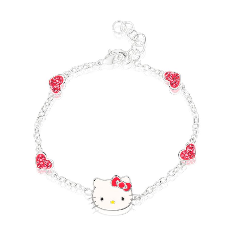 Sanrio Hello Kitty Officially Licensed Authentic Silver Plated Bracelet with Flowers or Hearts and Crystals - 6.5 + 1", 1 of 6
